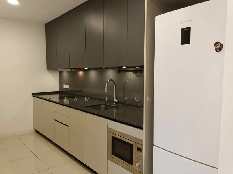 Kitchen features: black granite countertop, white lower cabinets, dark grey upper cabinets, stainless-steel single-bowl sink, chrome pull-down faucet, built-in microwave, stainless-steel fridge, recessed LED downlights, ceramic tile flooring, wall-mounted cabinet handles; style: modern.