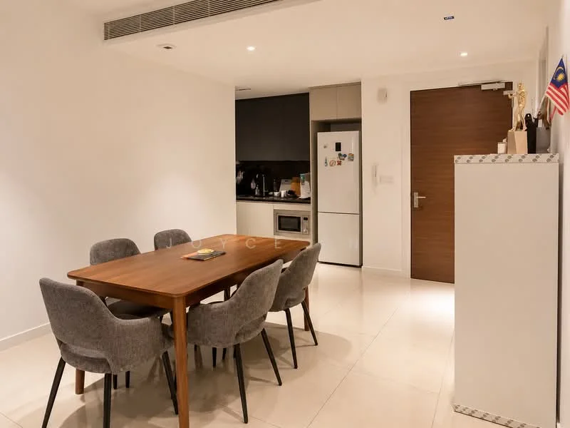 Dining features: wood dining table, 6 upholstered dining chairs in grey, white painted walls, ceramic tile flooring, recessed downlights, built-in cabinetry, fridge, kitchen countertop, door to hallway; style: modern.