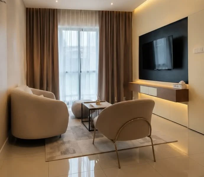 Living features: two white armchairs, black wall-mounted TV, wooden TV console, light-colored area rug, large window with sheer curtains, recessed LED lighting, cream painted walls, light-colored tiled flooring, decorative coffee table; style: modern.