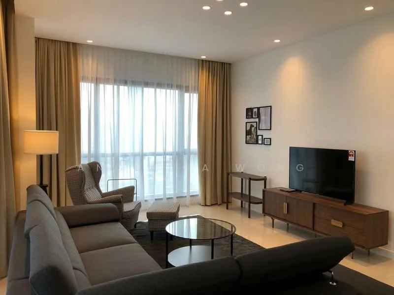 Living features: grey fabric sofa, 2-seater sofa, coffee table with glass top, area rug, floor-to-ceiling windows, sheer curtains, wooden TV console, wall-mounted TV, decorative wall frames, accent chair with patterned upholstery, recessed downlights, lampshade floor lamp; style: modern; view: city.