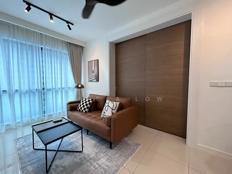 Living features: brown leather sofa, black coffee table, floor-to-ceiling windows, sheer curtains, recessed downlights, decorative wall art, wooden sliding door, light-colored walls, glossy tile flooring; style: modern; view: city.