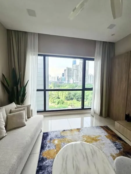 Living features: floor-to-ceiling windows, sheer curtains, 3-seater fabric sofa in light grey, decorative cushions, area rug with abstract pattern, marble coffee table, indoor plants, wooden cabinetry, recessed downlights, white painted walls, glossy tile flooring; style: modern; view: city.