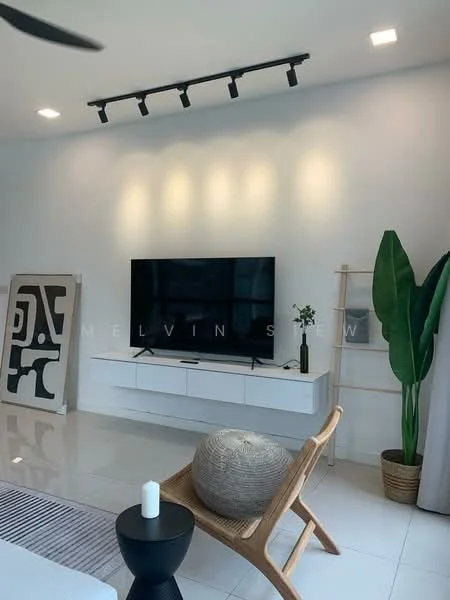 Living features: white painted walls, polished tile flooring, recessed LED downlights, track lighting, wall-mounted TV, white TV console, decorative artwork, decorative ladder shelf, large indoor plant, round decorative pouf, wooden accent chair, candle on table; style: modern.