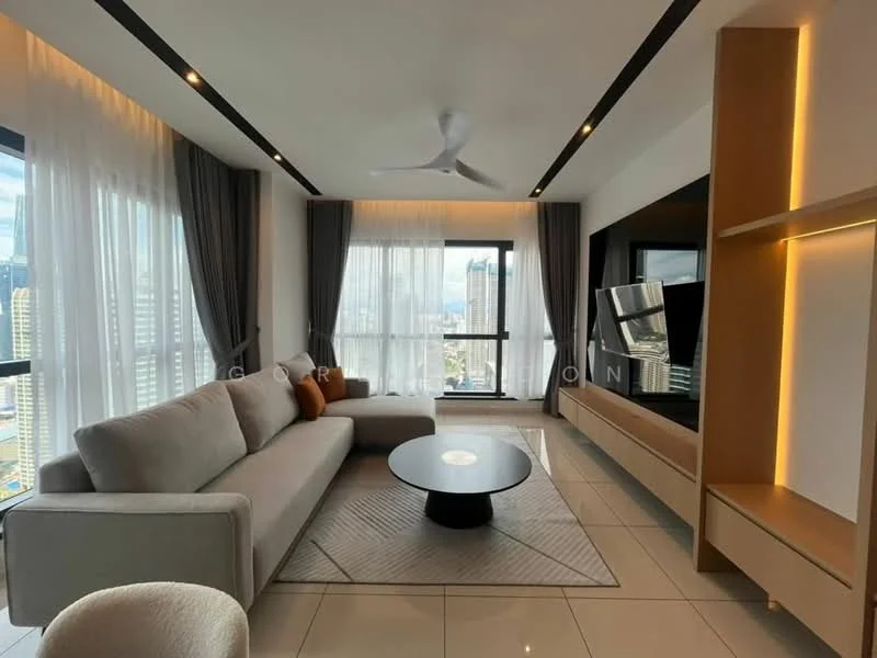 Living features: 3-seater fabric sofa in light grey, round black coffee table, TV console with built-in storage, wall-mounted flat-screen TV, floor-to-ceiling windows, sheer curtains, grey curtains, recessed LED downlights, 5-blade ceiling fan with light, tile flooring, decorative area rug; style: modern; view: city.