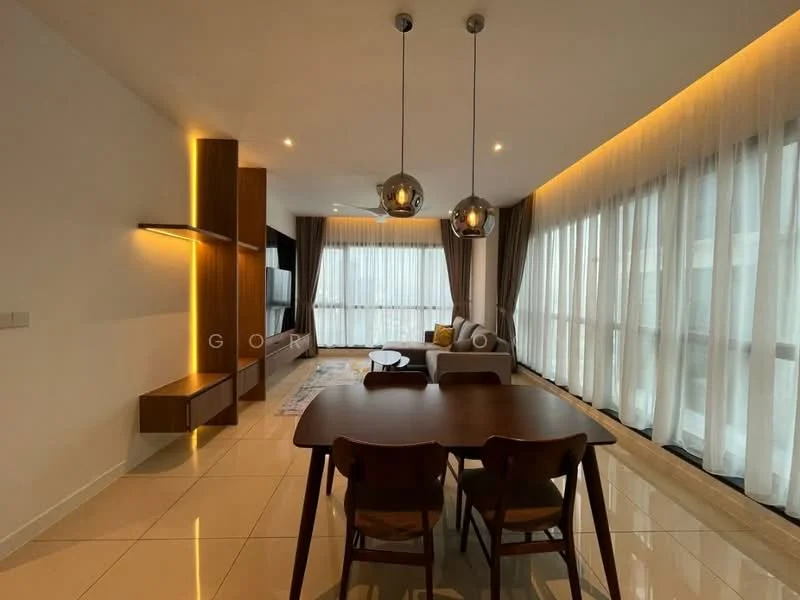 Living features: large floor-to-ceiling windows, sheer curtains, grey fabric sofa, wooden coffee table, TV console with wall-mounted TV, decorative wall shelving, recessed LED downlights, pendant lighting, cream painted walls, glossy tile flooring, area rug with geometric pattern, wooden dining table with four chairs; style: modern; view: city.