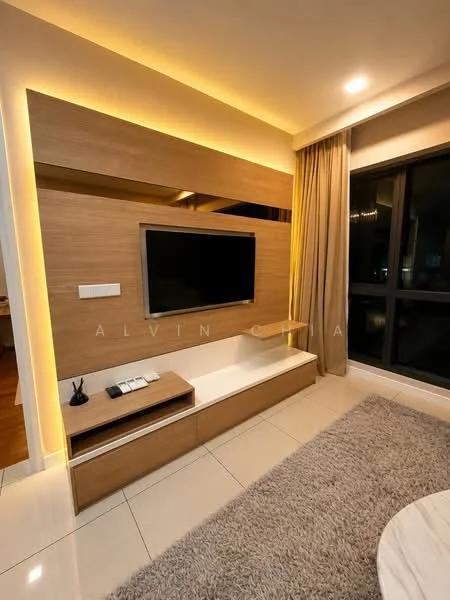 Living features: wall-mounted TV, light wood feature wall, white low-profile TV console, recessed lighting, soft ambient lighting, floor-to-ceiling windows, sheer curtains, light-colored tiled flooring, area rug with plush texture; style: modern.