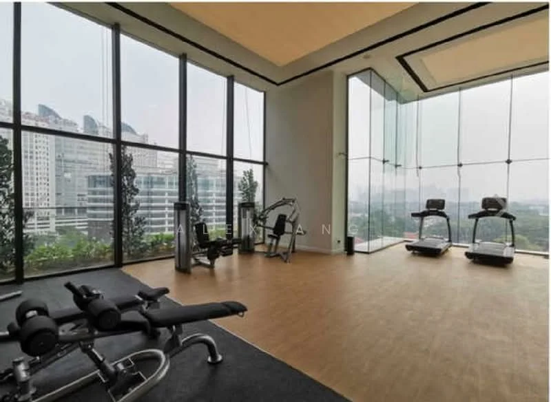 Gym features: large floor-to-ceiling windows, wooden flooring, treadmill, exercise bike, weight bench, free weights, greenery visible outside, modern gym equipment; style: modern; view: city.