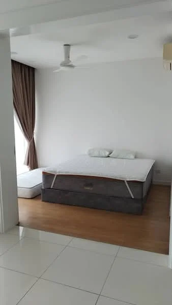 Bedroom features: king-size bed with grey upholstered base, white bedding, floor-to-ceiling window, brown curtains, ceiling fan, wooden flooring, white painted walls, air conditioning unit, mattress on the floor; style: modern.