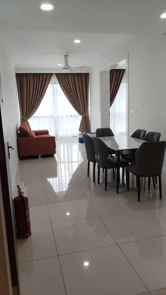 Living features: 3-seater fabric sofa in orange, 6-seater dining table with glass top, upholstered dining chairs, floor-to-ceiling windows, sheer curtains, brown drapes, polished ceramic tile flooring, ceiling fan with light, wall-mounted mirror, fire extinguisher, decorative wall, neutral painted walls; style: modern.