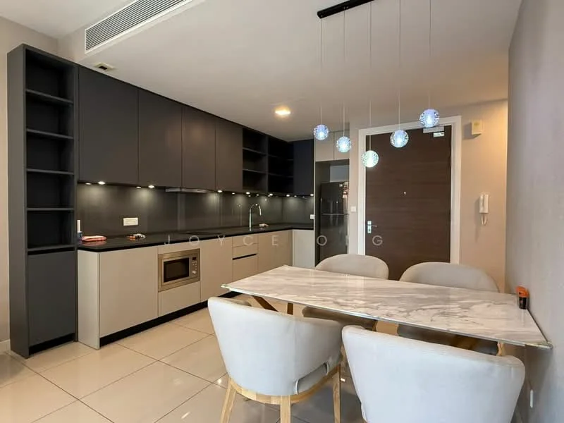 Kitchen features: grey cabinetry, white countertop, built-in microwave, stainless-steel fridge, ceramic tile flooring, recessed LED downlights, pendant lighting with multiple bulbs, open shelving, kitchen island, dining table with marble top, upholstered dining chairs; style: modern.