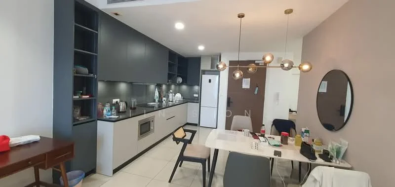 Kitchen features: grey cabinetry, black countertop, built-in oven, stainless-steel fridge, stainless-steel sink, chrome pull-down faucet, ceramic tile flooring, recessed downlights; style: modern. Dining features: 6-seater dining table, upholstered dining chairs, decorative mirror, pendant lighting, white walls, area rug, wall-mounted TV, open shelving; style: modern.