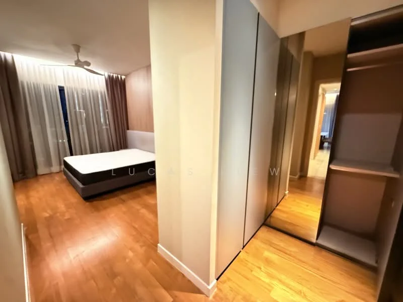 Bedroom features: queen-size bed, wooden flooring, floor-to-ceiling windows, sheer curtains, built-in wardrobe with sliding doors, mirror on wardrobe, wall-mounted ceiling fan, wood panel accent wall; style: modern.