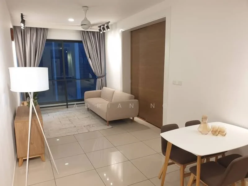 Living features: light grey fabric sofa, white round coffee table, wooden sideboard, floor lamp, large sliding glass door, grey curtains, white painted walls, glossy tile flooring, recessed downlights, ceiling fan with light; style: modern; view: city.