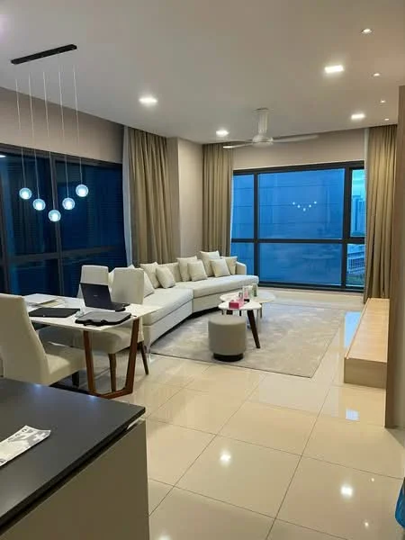 Living features: L-shape sectional sofa in white, coffee table, area rug with neutral color, floor-to-ceiling windows, curtains in beige, ceiling fan with light, recessed downlights, wall-mounted TV, wooden side table, decorative wall panel, light-colored walls, polished tile flooring; style: modern; view: city.