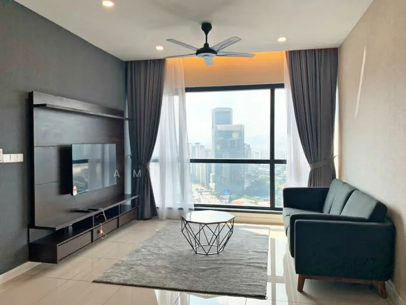Living features: floor-to-ceiling windows, grey accent wall, white painted walls, 3-blade ceiling fan, sofa in dark green, coffee table with geometric base, area rug in light grey, TV console in dark wood, wall-mounted TV; style: modern; view: city.