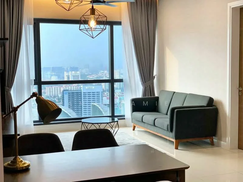 Living features: floor-to-ceiling windows, grey fabric sofa, wooden legs on sofa, geometric pendant light, ceiling fan, light grey area rug, white painted walls, curtains in light grey, wooden coffee table, decorative table lamp; style: modern; view: city.