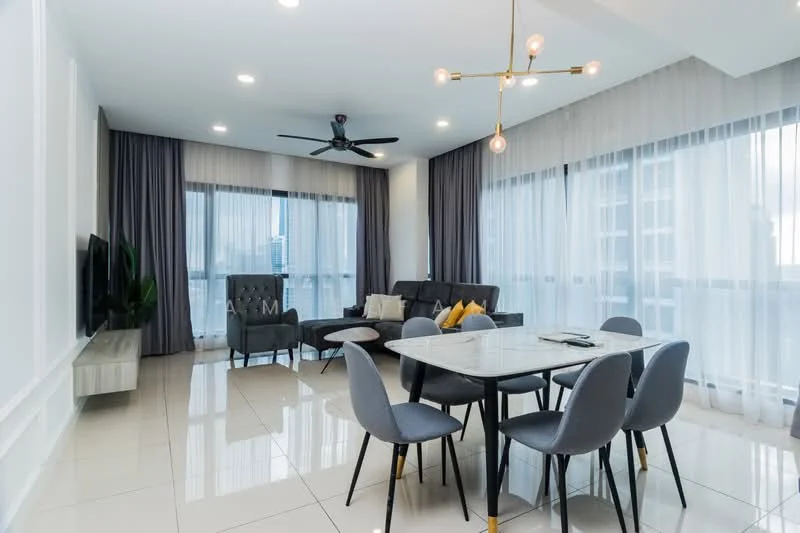 Living features: 3-seater black leather sofa, 2-seater black leather sofa, gold and white chandelier, 5-blade ceiling fan, white walls, grey curtains, large windows with city view, marble tile flooring, TV console with wall-mounted TV, decorative cushions in yellow, round dining table with white top, 4 grey upholstered dining chairs; style: modern; view: city.