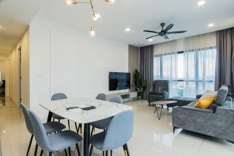 Living features: grey fabric sectional sofa, yellow accent pillow, marble dining table, 4 upholstered dining chairs in grey, wall-mounted TV, white TV console, floor-to-ceiling windows with sheer curtains, ceiling fan with light, decorative indoor plant, light grey walls, glossy tile flooring, recessed lighting; style: modern; view: city.