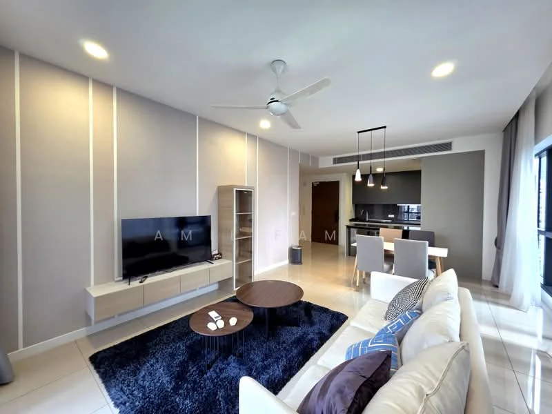 Living features: 3-seater leather sofa in white, coffee table, area rug with geometric pattern in navy, wall-mounted TV, TV console, ceiling fan with light, recessed downlights, large windows with sheer curtains, dining area with 4 dining chairs, open-plan layout to kitchen, neutral painted walls, cream tiled flooring; style: modern.