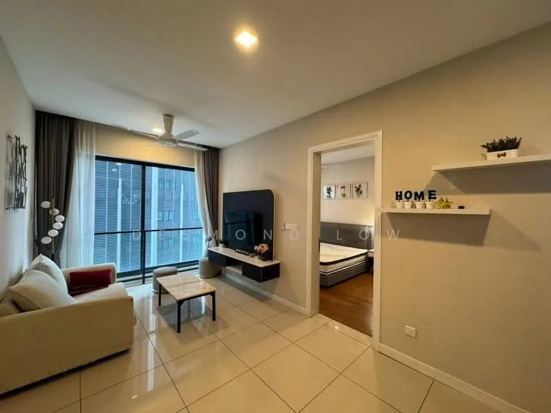 Living features: white painted walls, glossy tile flooring, 5-blade ceiling fan with light, sofa in cream fabric, wall-mounted TV, TV console in dark wood, decorative shelf with items, floor-to-ceiling windows, sheer curtains, balcony view, area rug with geometric pattern; style: modern; view: city. Room features: white painted walls, glossy tile flooring, doorway leading to bedroom.