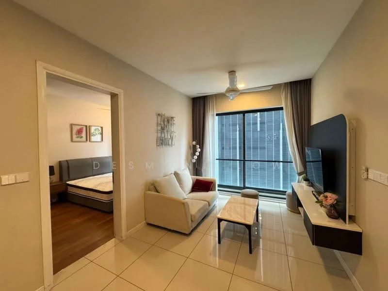 Living features: white painted walls, glossy tile flooring, 5-blade ceiling fan with light, sofa in cream fabric, coffee table with white top, wall-mounted TV, TV console with storage, floor-to-ceiling windows with city view, curtains in light fabric; style: modern; view: city. Bedroom features: grey upholstered bed frame, mattress on bed frame, wood flooring, framed artwork on wall, built-in wardrobe; style: modern.