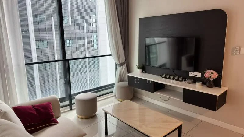 Living features: white fabric sofa, pink decorative cushion, marble coffee table, wall-mounted TV, black media console, floor-to-ceiling windows, sheer curtains, tile flooring, decorative plant, light-colored wall, grey accent wall; style: modern.