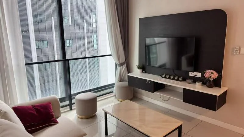 Living features: white walls, grey accent wall, floor-to-ceiling windows, sheer curtains, light-coloured sofa, pink decorative cushion, coffee table with marble top, wall-mounted TV, TV console with storage, decorative plant, modern decor, glossy tile flooring; style: modern; view: city.