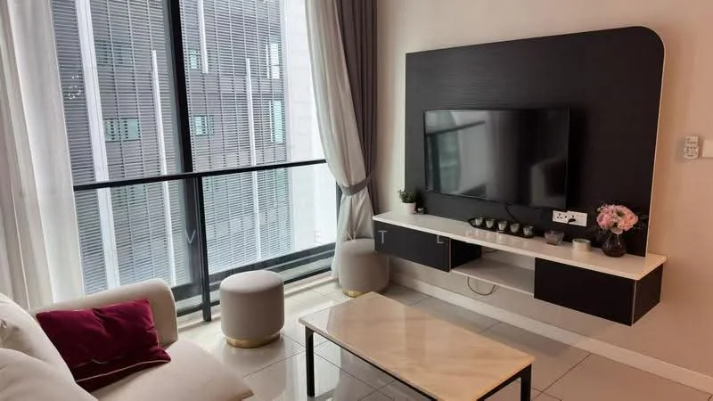 Living features: white walls, large floor-to-ceiling windows, grey accent wall, white ceiling, recessed downlights, 3-seater fabric sofa in white, decorative cushions in pink, coffee table with marble top, wall-mounted TV, TV console with storage, decorative plants, curtains, tile flooring; style: modern; view: city.