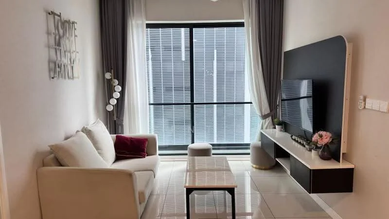 Living features: 3-seater fabric sofa in white, coffee table with white top, wall-mounted TV, TV console in dark wood, floor-to-ceiling windows, sheer curtains, decorative wall art, light fixture with multiple bulbs, area rug, decorative plant, potted flowers; style: modern; view: city.