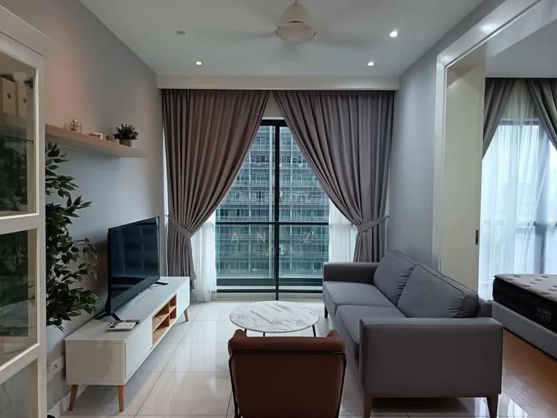 Living features: grey fabric sofa, wooden coffee table with marble top, TV console with storage, wall-mounted TV, floor-to-ceiling windows, sheer curtains, dark curtains, recessed downlights, ceiling fan, decorative plant in pot, light grey painted walls, white tiled flooring; style: modern; view: city.