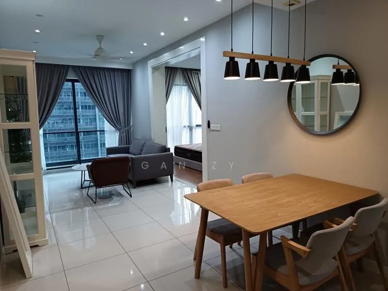 Living features: floor-to-ceiling windows, grey curtains, sofa in grey, coffee table, area rug, ceiling fan, recessed downlights, wall-mounted TV, decorative mirror, open shelving unit, dining table with wooden surface, upholstered dining chairs; style: modern; view: city.