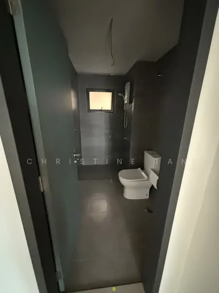 Bathroom features: grey tiled walls, grey tiled flooring, one-piece toilet, shower with wall-mounted showerhead, small window, light fixture, door with handle, wall-mounted water heater; style: modern.