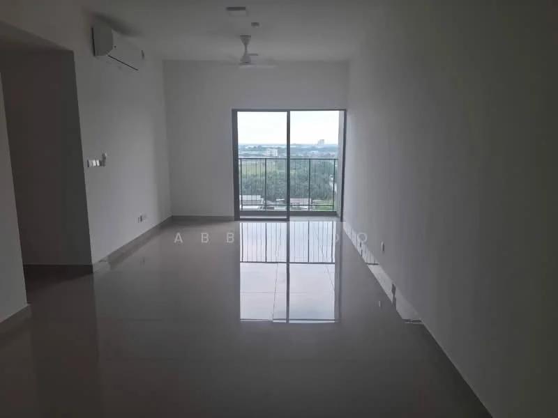 Living features: white painted walls, polished ceramic tile flooring, floor-to-ceiling windows, sliding glass door, balcony access, 1 ceiling fan, 1 wall-mounted split AC, natural light from windows, view of greenery; style: modern; view: garden.