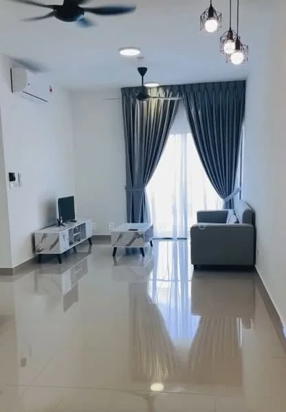 Living features: grey fabric sofa, TV console, wall-mounted TV, ceiling fan with light, recessed downlights, floor-to-ceiling windows, sheer curtains, sliding glass door, glossy tile flooring, air conditioning unit; style: modern; view: city.