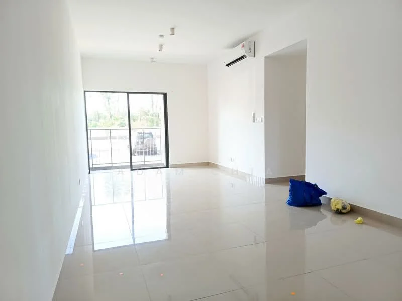 Living features: white painted walls, glossy ceramic tile flooring, recessed downlights, sliding glass door, floor-to-ceiling windows, air conditioning unit, open layout, balcony access, neutral decor, minimalist design; style: modern; view: garden.