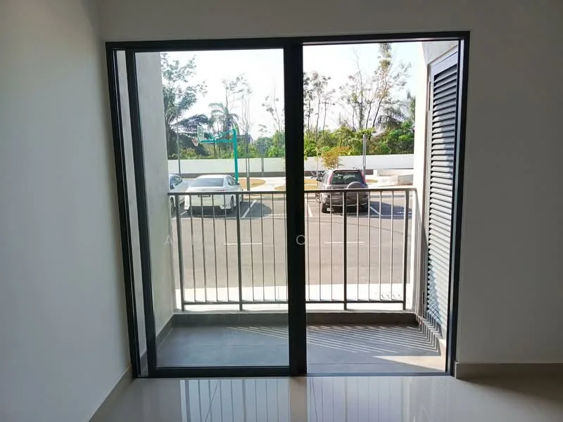 Room features: sliding glass door, balcony with railing, floor-to-ceiling windows, white walls, tile flooring, view of parking lot, outdoor greenery; style: modern; view: garden.