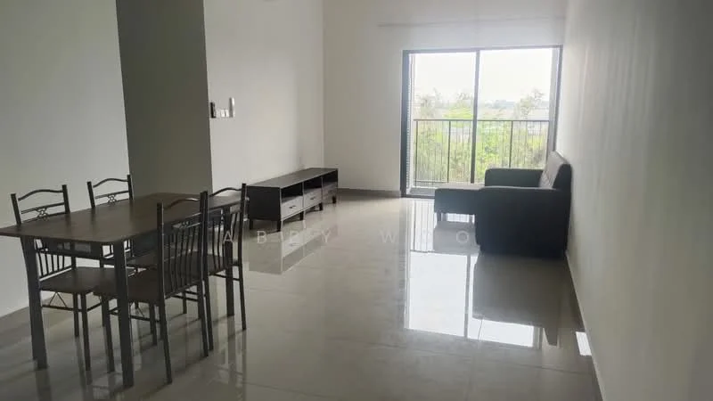 Living features: large floor-to-ceiling window, grey sofa, wooden coffee table, TV console, polished ceramic tile flooring, white painted walls, dining table with four chairs, natural light from window; style: modern; view: garden.