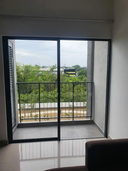 Room features: floor-to-ceiling sliding glass door, black metal railing, grey walls, grey tiled flooring, view of greenery, view of road, natural light from outside; style: modern; view: garden.