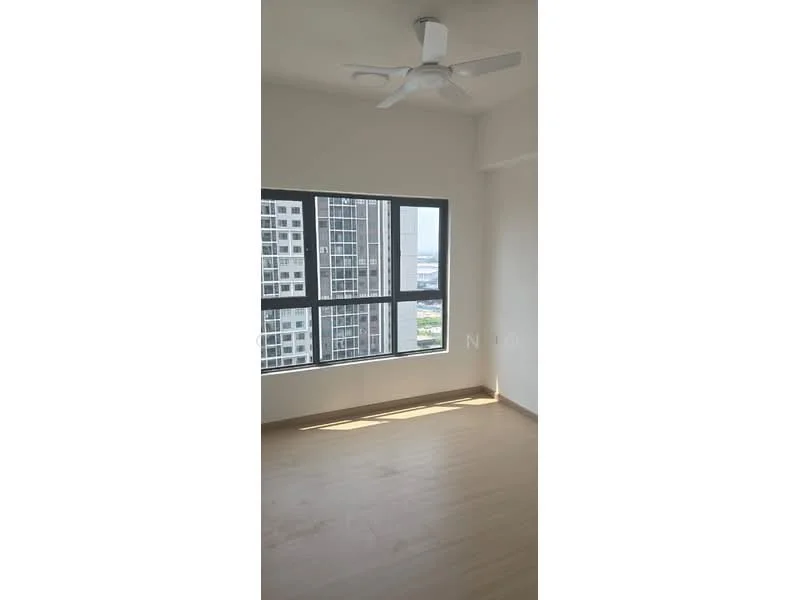 Room features: light wood flooring, white painted walls, 5-blade ceiling fan, floor-to-ceiling windows, city view, natural light, neutral color scheme; style: modern; view: city.