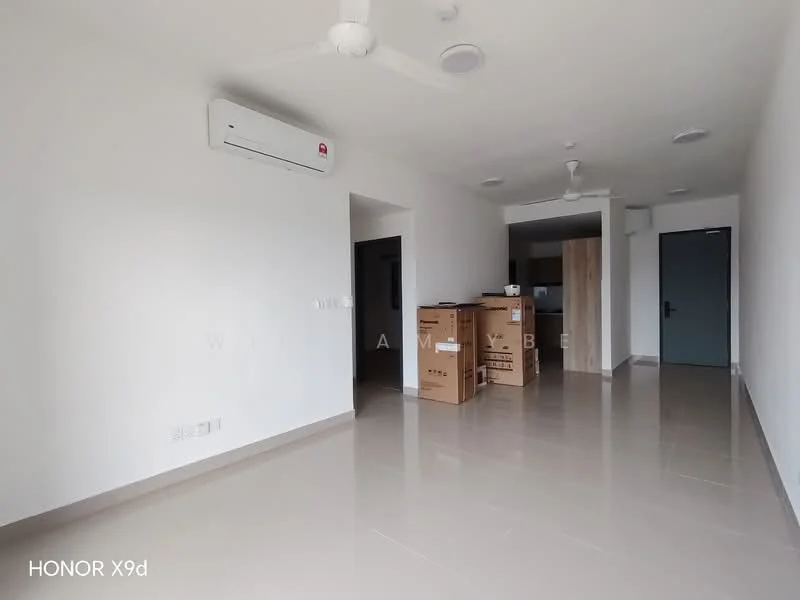 Living features: white painted walls, glossy tile flooring, 2 ceiling fans, 1 wall-mounted split AC, open layout, natural light from windows, boxes stacked in the corner, doorway leading to another room; style: modern.