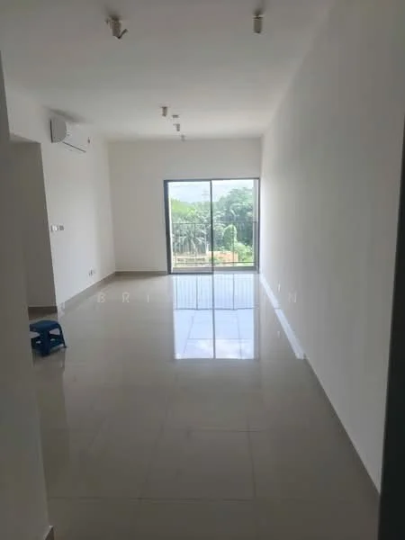 Living features: white painted walls, polished tile flooring, floor-to-ceiling windows, sliding glass door, recessed downlights, 1 wall-mounted split AC, view of greenery; style: modern; view: garden.