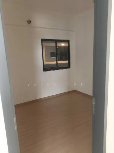 Room features: white painted walls, laminate flooring, window with black frame, light fixture on ceiling.