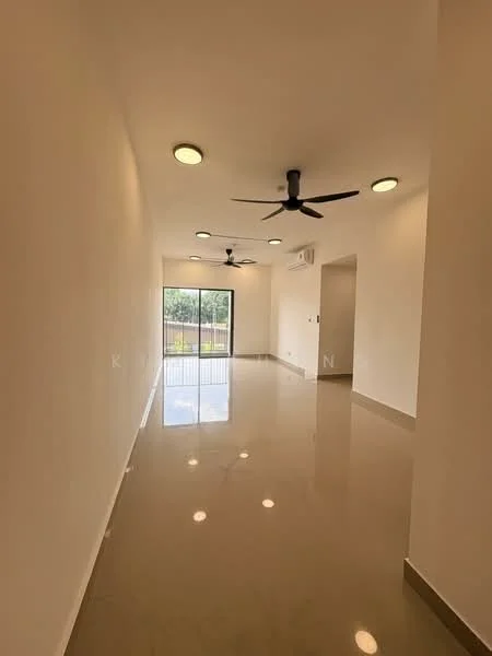 Living features: white painted walls, polished concrete flooring, 5-blade ceiling fan, recessed downlights, sliding glass door, floor-to-ceiling windows, natural light, view of outdoor space; style: modern; view: garden.