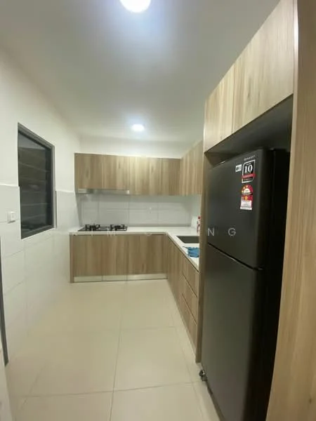 Kitchen features: laminate cabinetry in wood finish, white tiled backsplash, black refrigerator, built-in gas hob, stainless-steel sink, white countertop, recessed LED downlights, cream tiled flooring, window for natural light; style: modern.