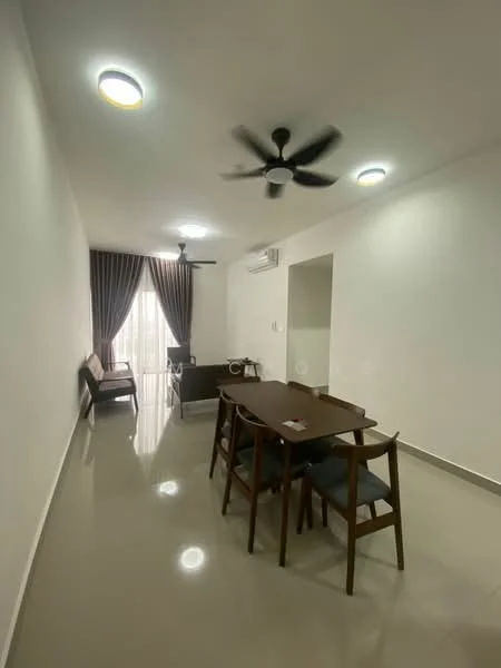Living features: white painted walls, polished tile flooring, 5-blade ceiling fan, recessed LED downlights, floor-to-ceiling windows, sheer curtains, dining table with 6 chairs, sofa, air conditioning unit; style: modern.