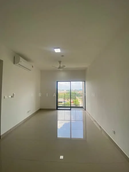 Living features: white painted walls, polished floor tiles, 5-blade ceiling fan, recessed LED downlights, floor-to-ceiling sliding glass door, balcony access, air conditioning unit, natural light from windows; style: modern; view: city.