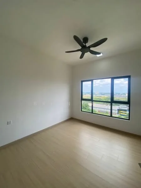 Bedroom features: light wood flooring, white painted walls, 5-blade ceiling fan, floor-to-ceiling windows, city view; style: modern; view: city.