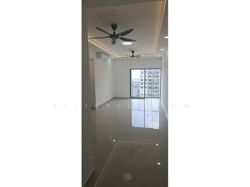 Living features: glossy tile flooring, white painted walls, recessed downlights, 5-blade ceiling fan, floor-to-ceiling windows, city view, air conditioning unit, LED strip lighting; style: modern; view: city.