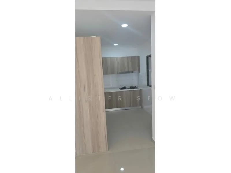 Kitchen features: laminate cabinetry in light wood finish, white tiled backsplash, stainless-steel sink, built-in stove, exhaust hood, grey countertop, recessed LED downlights, floor-to-ceiling window, ceramic tile flooring; style: modern.