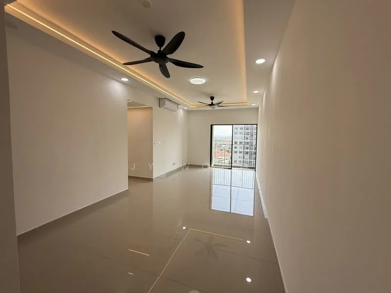 Living features: white painted walls, glossy ceramic tile flooring, 5-blade ceiling fan with light, recessed LED downlights, floor-to-ceiling sliding glass door, city view, air conditioning unit, neutral color scheme; style: modern; view: city.